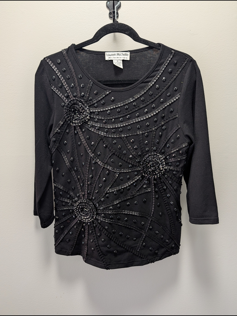 Lauren Michelle Black Beaded 3/4 Sleeve Women’s Top
